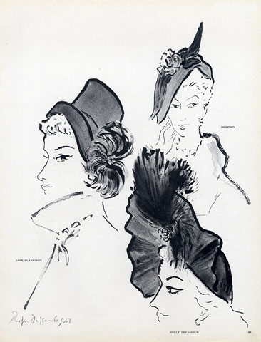 Roger Descombes, Illustration de trois chapeaux par Jane Blanchot, 1948 - Illustration de trois chapeaux par Jane Blanchot, La femme Chic, 1948